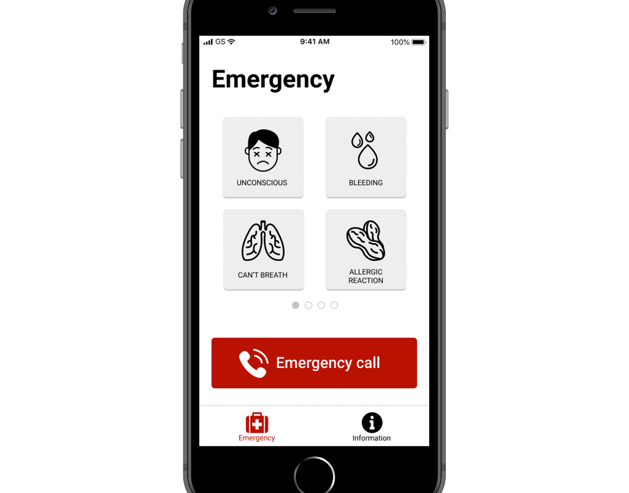 The user can choose a first aid category guide or also place an emergency call.