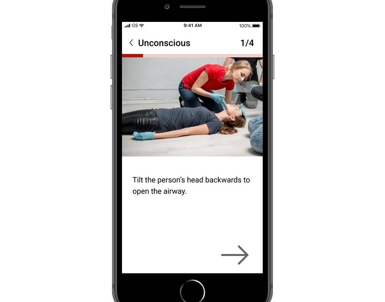The app provides a step by step audio, visual and textual guide for providing first aid.