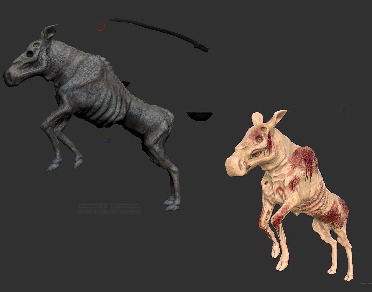 Texturing test in Zbrush(links) und in Substance Painter (rechts)