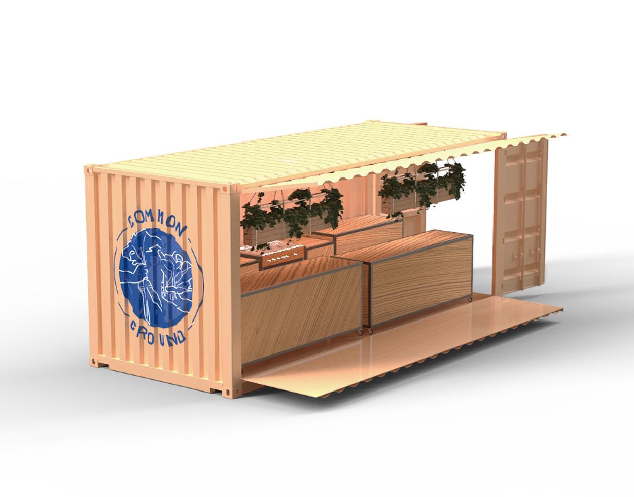 When the container is opened and placed, you can find boxes with casterwheels under them. The wheels enable the movement of the boxes. The boxes can then be rolled on the surface of the folding door. The top of the box then serves as kitchen table.